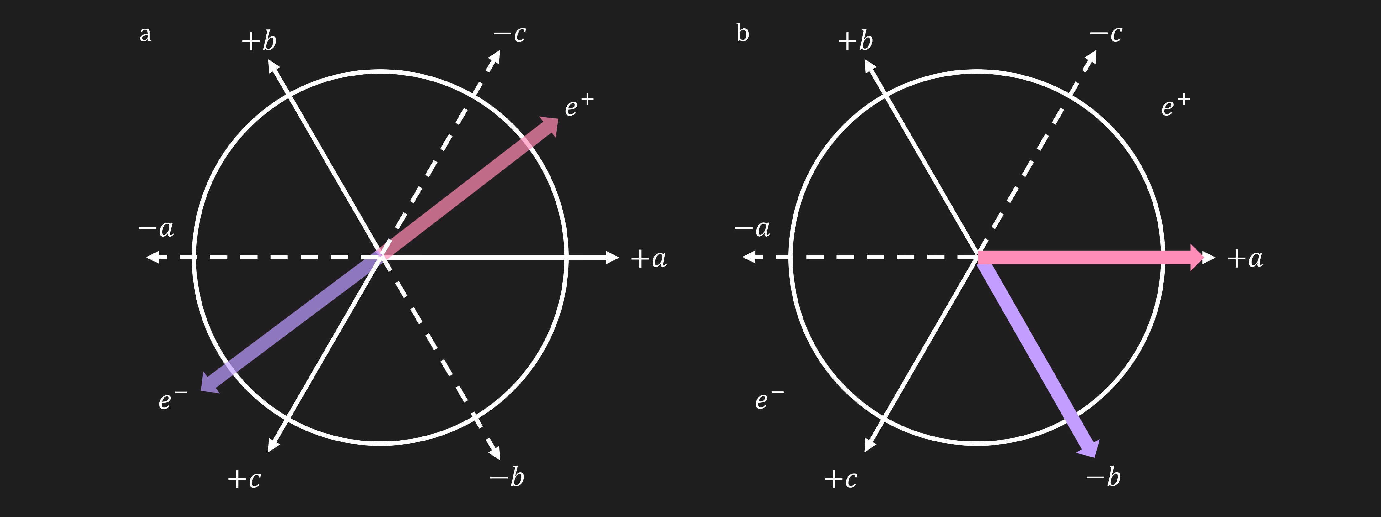 Un diagramma che mostra due vettori di spin iniziali, seguiti da possibili misure lungo tre rette, a, b e c, ciascuna con una direzione positiva e una negativa. Poiché questi assi non sono mutuamente perpendicolari, Lucas e Rihanna non misureranno spin in direzioni opposte a meno che non scelgano di misurare lungo gli stessi assi.