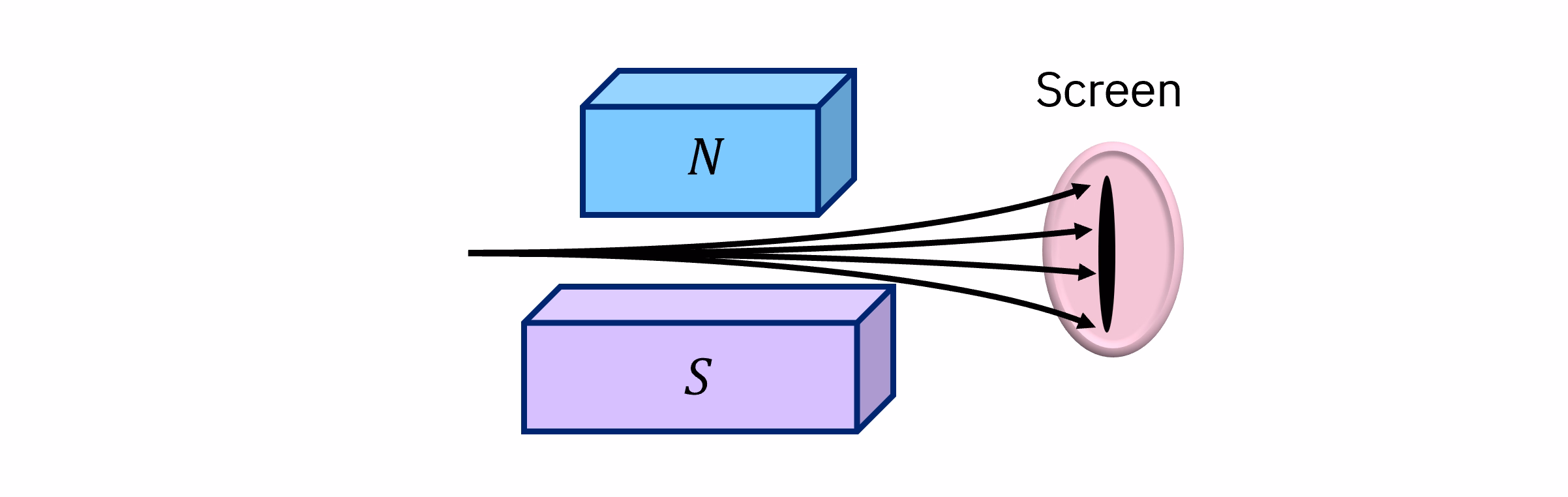 Diagramma di un fascio di particelle che passa attraverso un magnete. Vengono deflesse in varia misura lungo la direzione del campo magnetico. Quando colpiscono uno schermo distante, formano una linea.