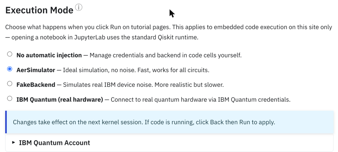 L'impostazione Modalità di esecuzione: AerSimulator, FakeBackend o IBM Quantum (hardware reale).